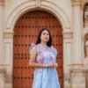 Vestido de Olánes con mangas de Olán en tela lino jaspeado color azul
