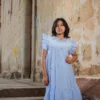Vestido de Olanes con mangas de Olán en tela algodón mil rayas azules con blanco